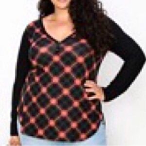 NEW Knit Henley with Plaid Front in Black/Rusty Orange Women’s 1X